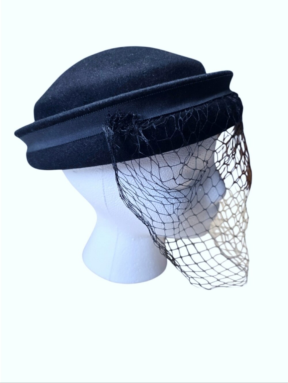 Vintage Genuine Fur Felt Black Pillbox Hat with Veil